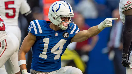 Indianapolis Colts wide receiver Alec Pierce (14) signals a first down after a catch as we make our anytime touchdown scorer parlay for Week 8