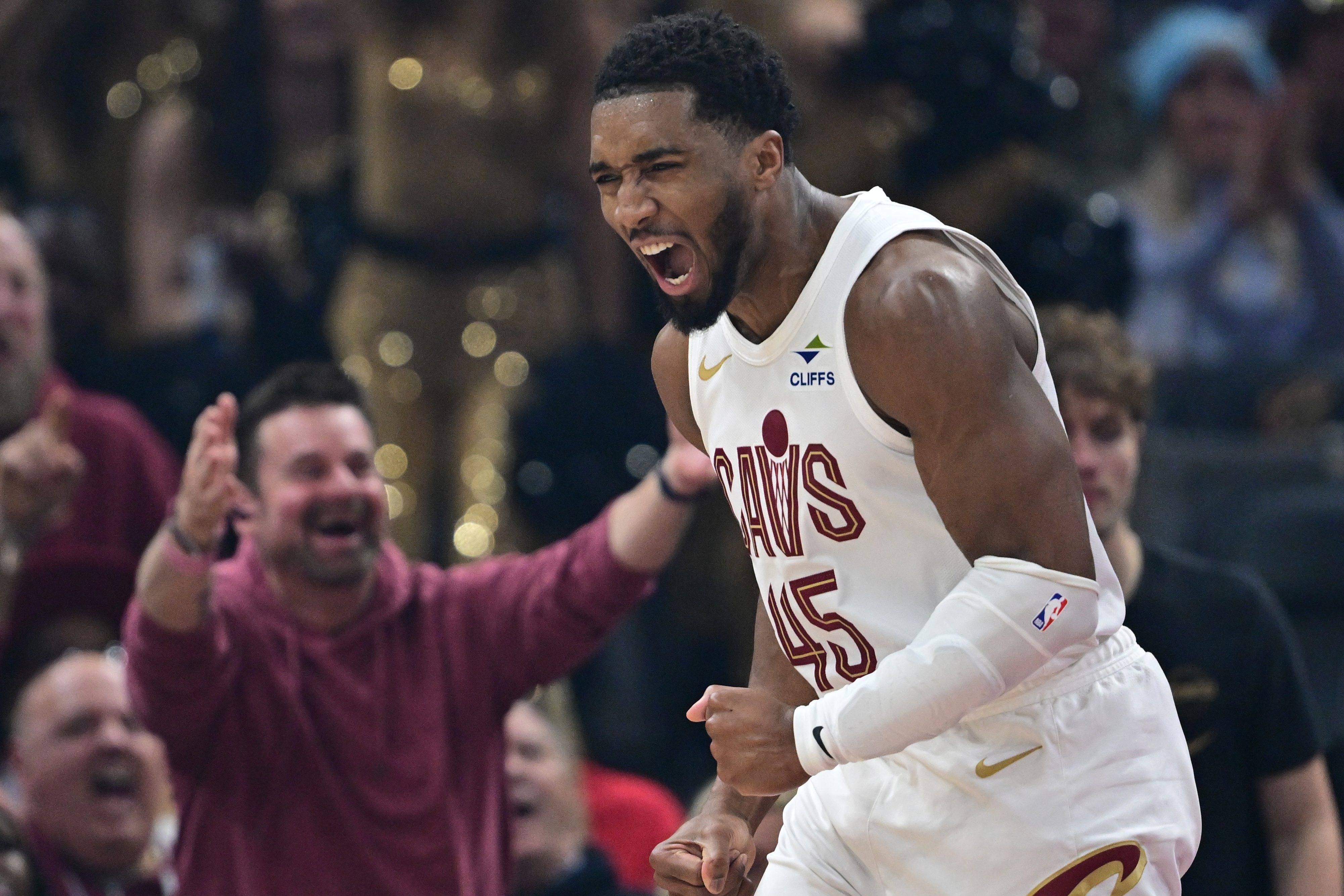 Cleveland Cavaliers guard Donovan Mitchell (45) reacts as we offer our Nuggets vs. Cavaliers player props.