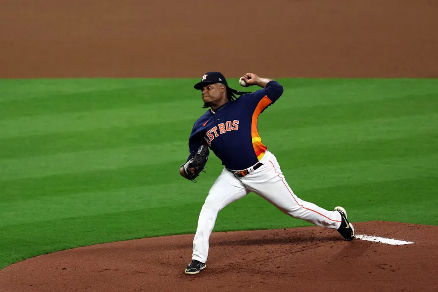 Framber Valdez of the Houston Astros delivers a pitch against the Philadelphia Phillies in Game Six of the 2022 World Series at Minute Maid Park on Nov. 05, 2022 in Houston, Texas. 