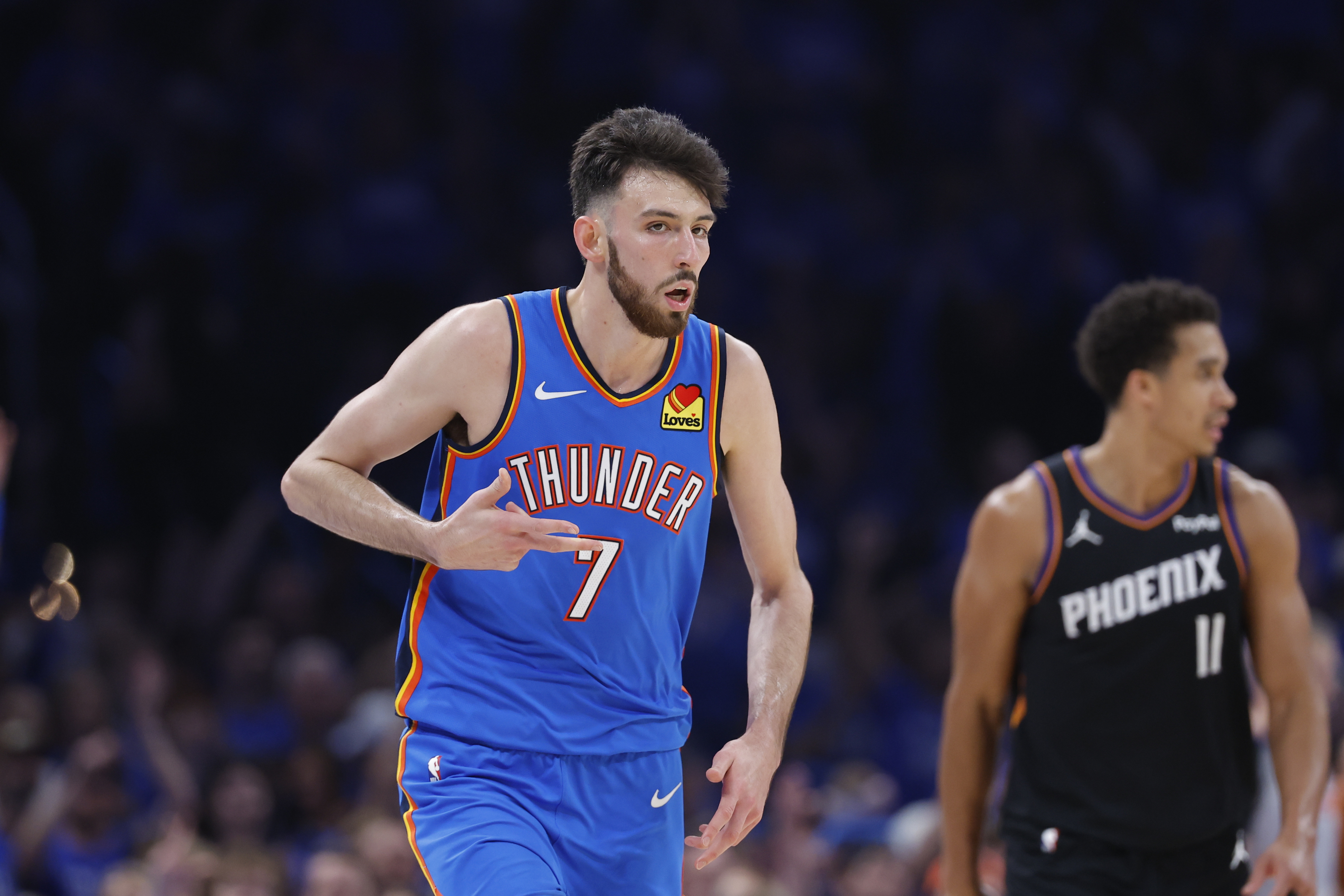 Oklahoma City Thunder center Chet Holmgren (7) gestures after scoring as we break down our Thunder vs. Suns player props.