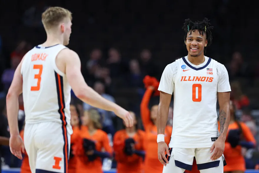 Terrence Shannon Jr. #0 of the Illinois Fighting Illini reacts as we make our Duquesne vs. Illinois expert pick and prediction for the second round of the NCAA Tournament on Saturday.
