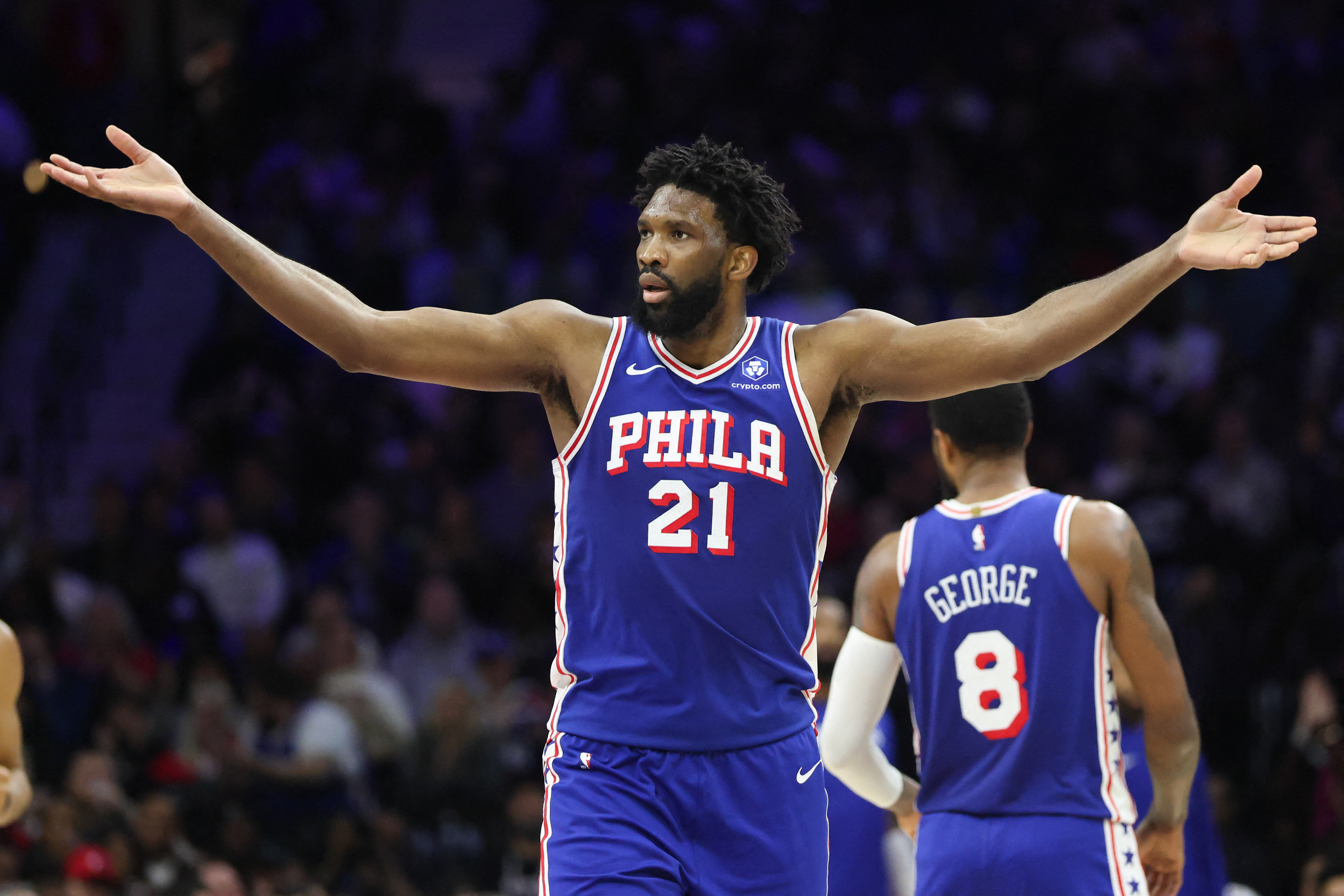 Philadelphia 76ers center Joel Embiid (21), seen here reacting after a 3-pointer, leads our Cavaliers vs. 76ers player props and best bets today.