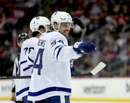 Auston Matthews #34 of the Toronto Maple Leafs celebrates his goal during the third period against the New Jersey Devils as we make our Maple Leafs vs. Lightning prediction and best bets preview. 
