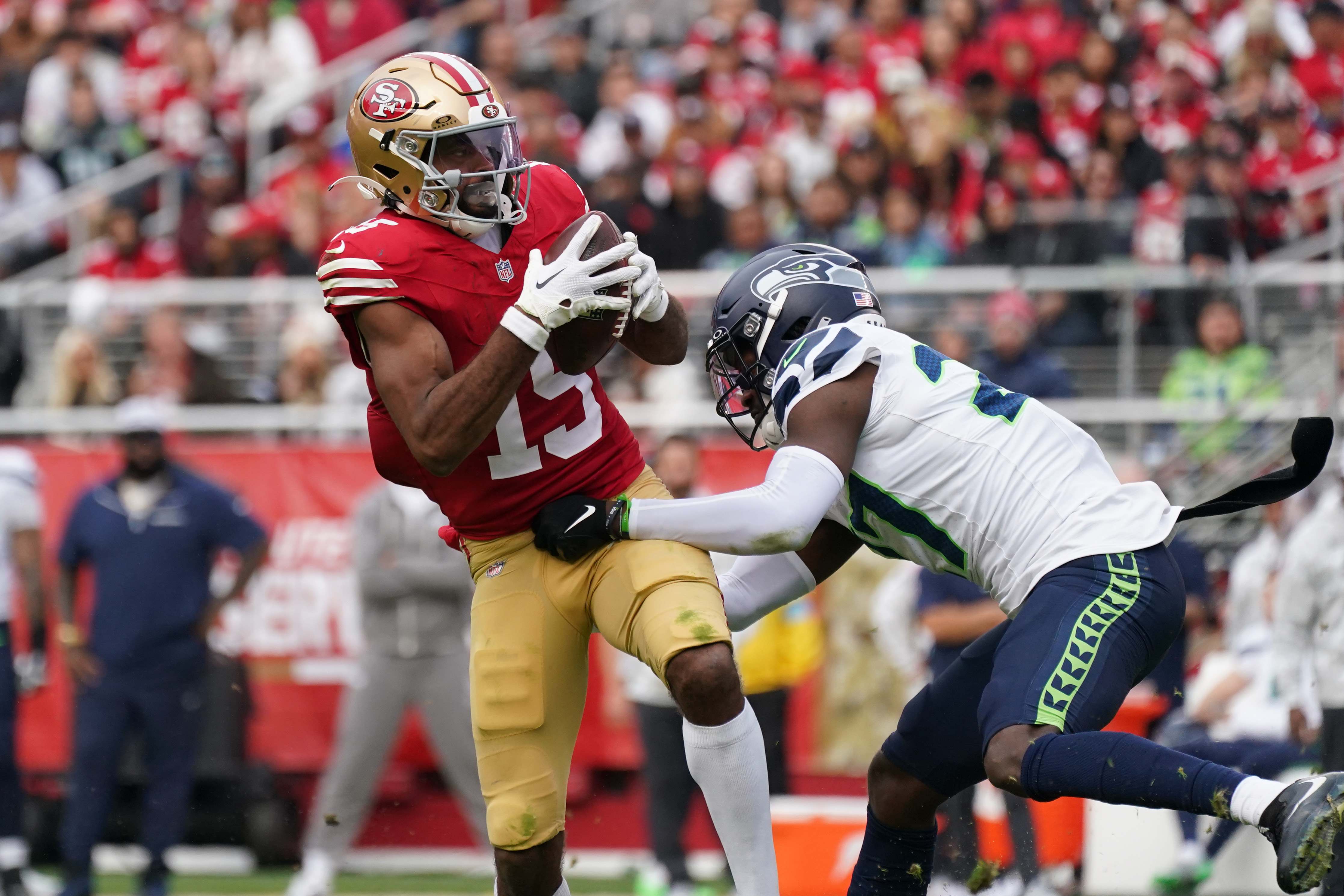 San Francisco 49ers wide receiver Jauan Jennings (15) makes a reception as we look at our Week 14 anytime touchdown scorer parlay.