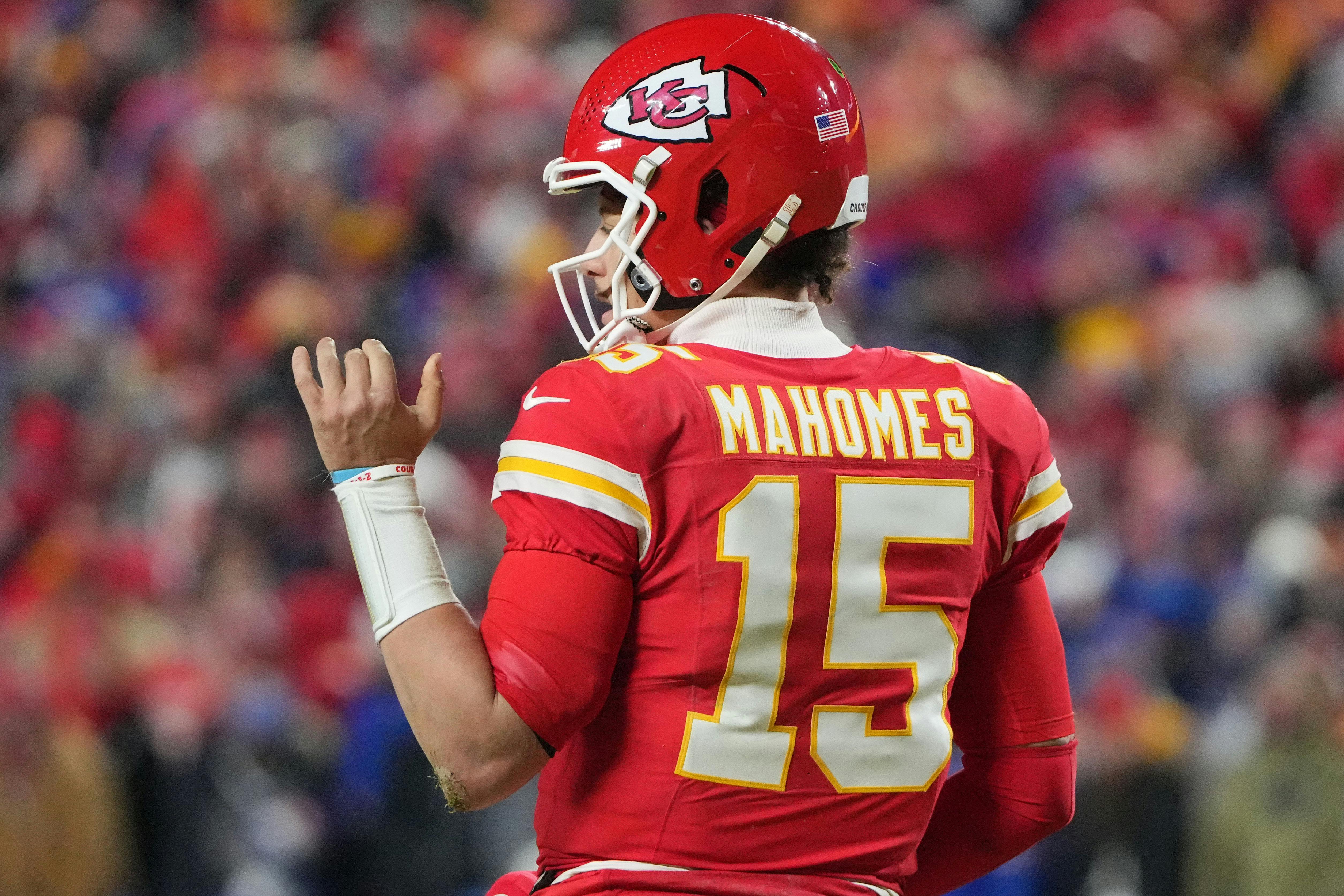 Kansas City Chiefs quarterback Patrick Mahomes reacts after scoring a touchdown as we offer our Chiefs vs. Eagles prediction and Super Bowl picks.
