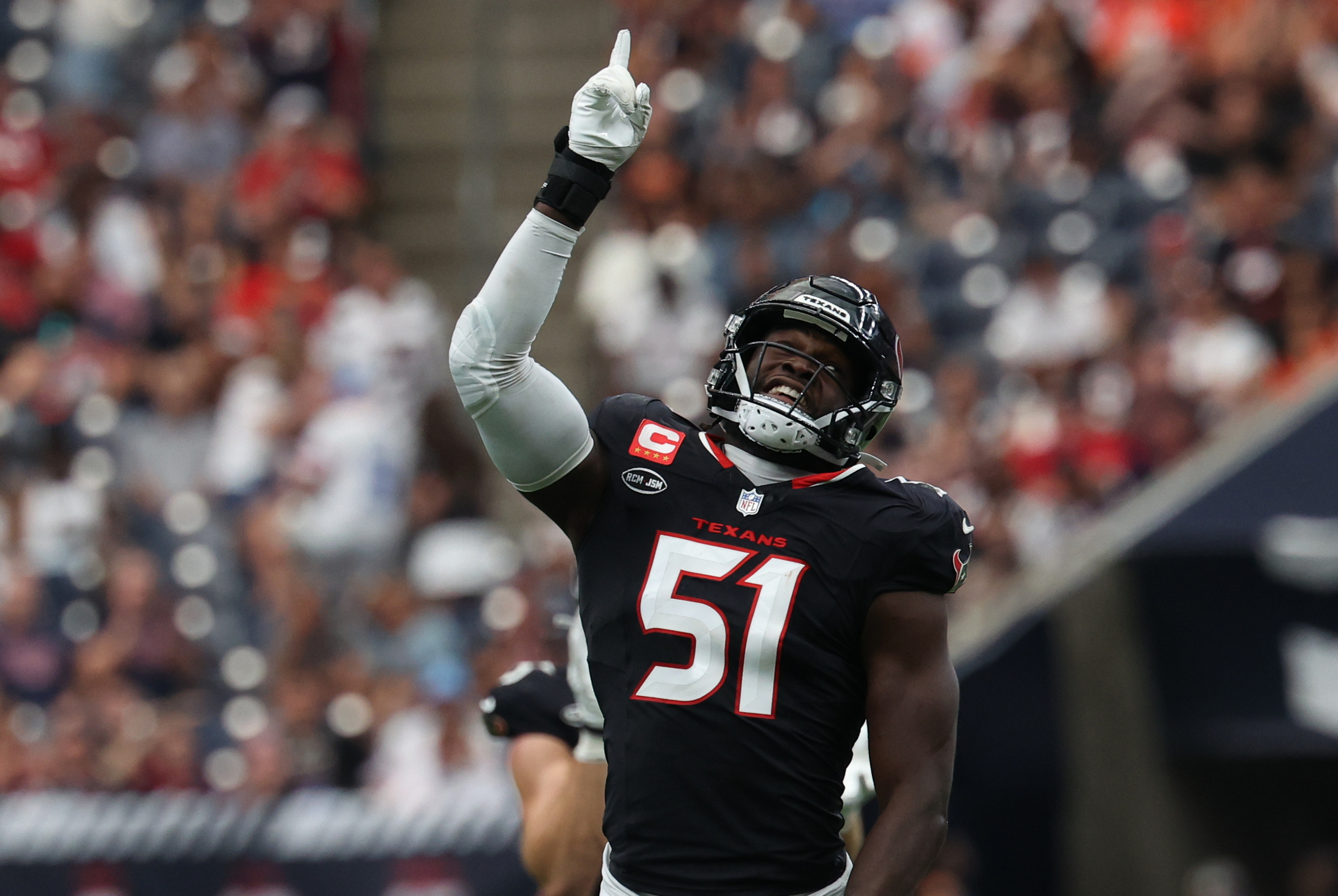 Houston Texans edge rusher Will Anderson Jr. celebrates a sack as we look at the Week 4 NFL Defensive Player of the Year odds