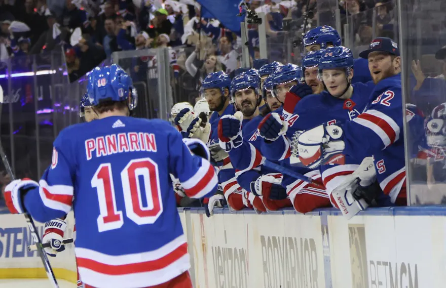 Artemi Panarin #10 of the New York Rangers celebrates his second period goal as offer our expert prop picks and predictions for Game 2 of the Washington Capitals vs. New York Rangers first-round series. 