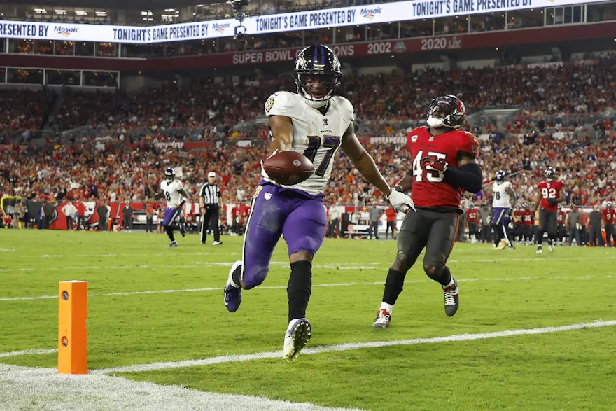 Kenyan Drake of the Baltimore Ravens scores a touchdown against the Tampa Bay Buccaneers.