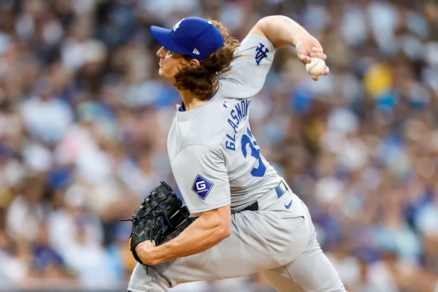 Los Angeles Dodgers starting pitcher Tyler Glasnow throws a pitch against the San Diego Padres. We're backing Glasnow in our Phillies vs. Dodgers Prediction.