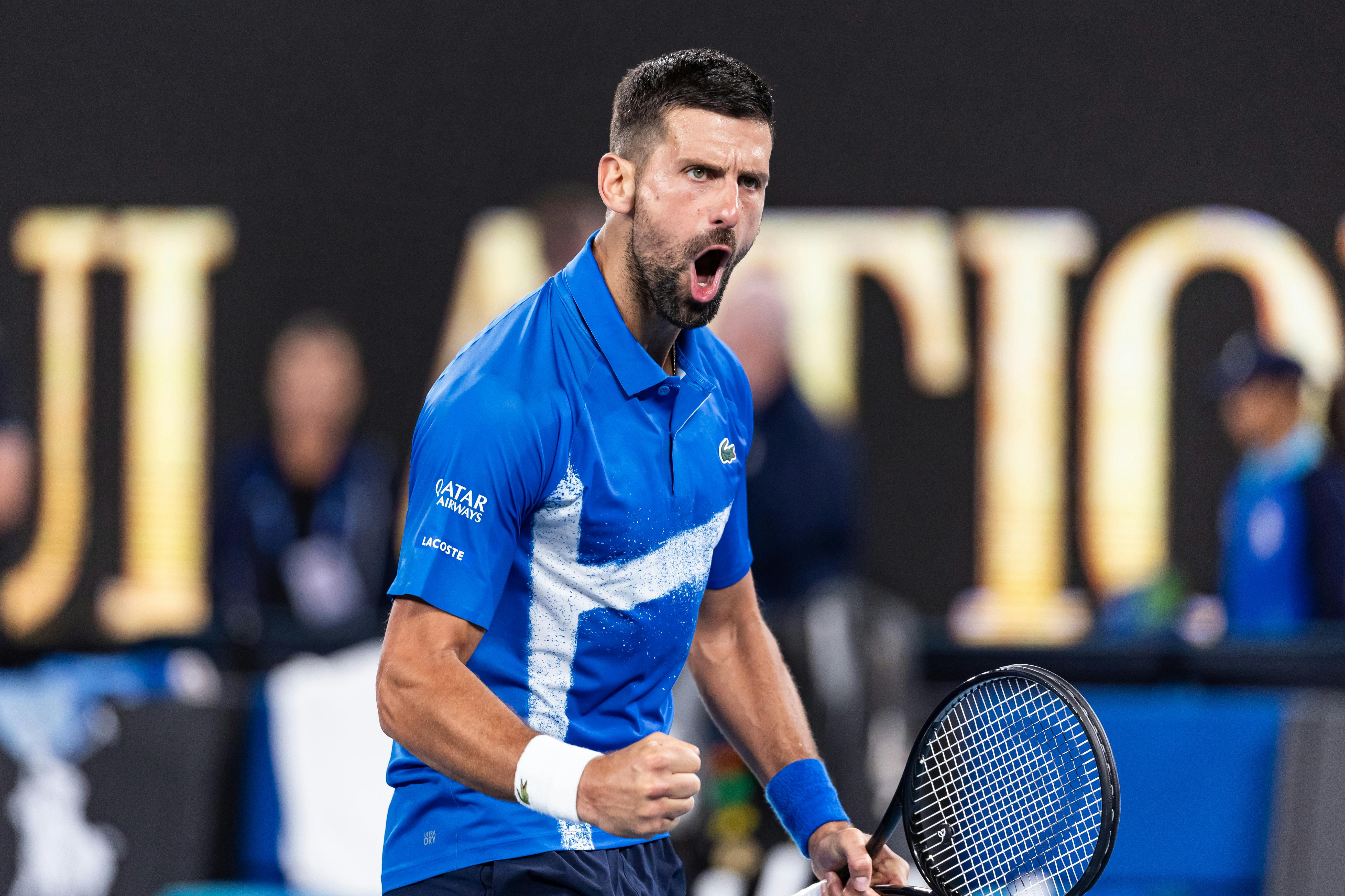 Novak Djokovic celebrates during his match against Tomas Machac as we analyze the 2025 Australian Open odds. 