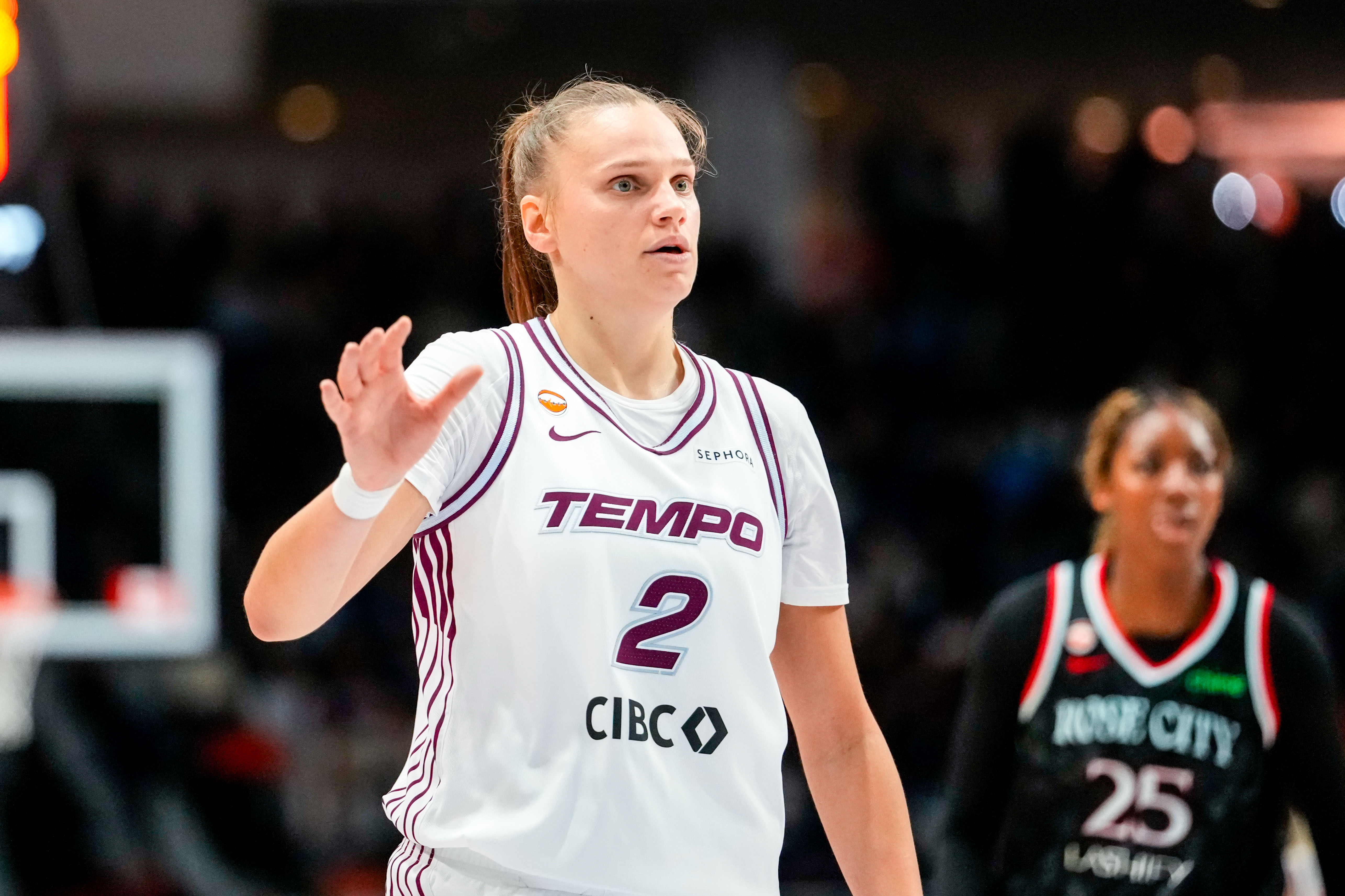 Toronto Tempo forward Laura Juskaite (2) looks on as we break down our Tempo vs. Wings prediction.