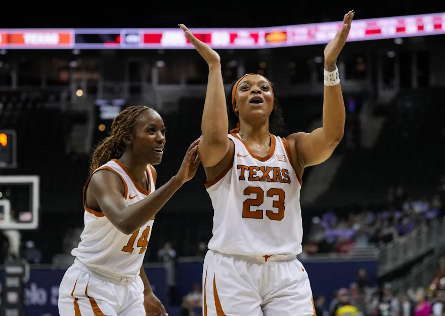 Aaliyah Moore #23 and Amina Muhammad #14 of the Texas Longhorns as we make our Gonzaga vs. Texas prediction and pick for the Sweet 16 of the NCAA Tournament on Friday.