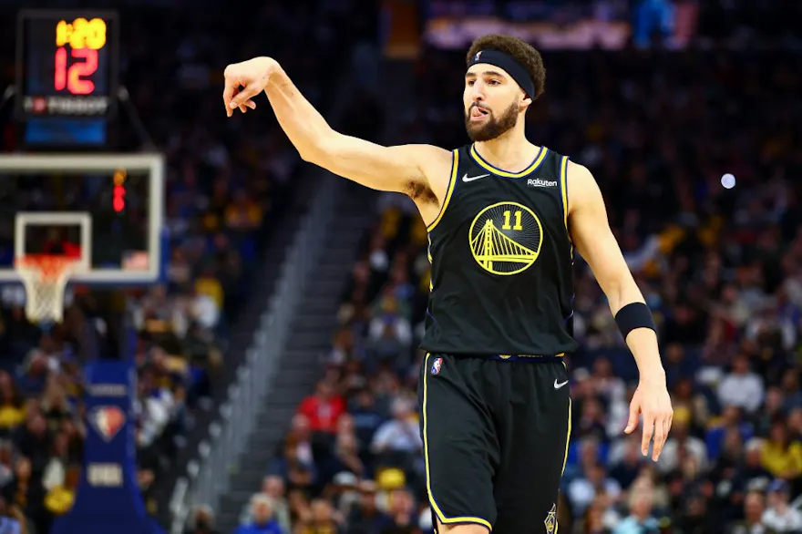 Klay Thompson of the Golden State Warriors reacts during their game against the Phoenix Suns at Chase Center in San Francisco, California. Photo by Ezra Shaw /Getty Images via AFP.